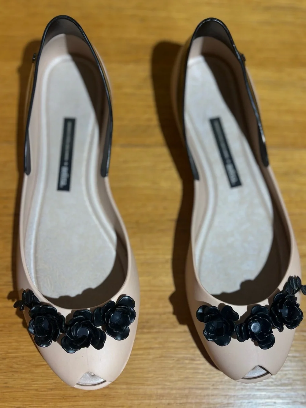 Melissa + Alexandre Herchcovitch Flower Queen Peep-Toe Flats, Beige/Black, size9